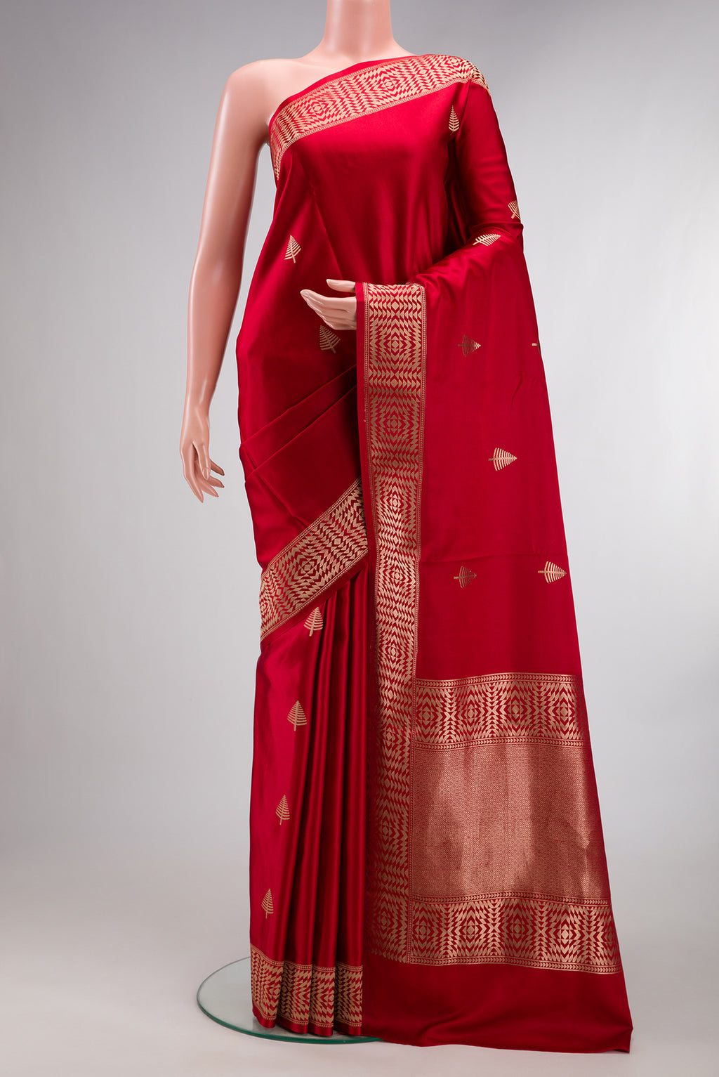 Pure Silk Red Banarasi Saree with Zari Butta on the body and Fancy Border.  displayed on a mannequin
