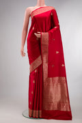Pure Silk Red Banarasi Saree with Zari Butta on the body and Fancy Border.  displayed on a mannequin