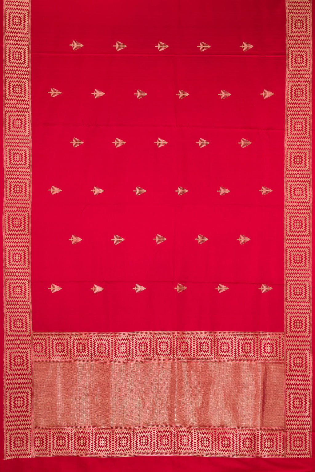 Flat view of Pure Silk Red Banarasi Saree with Zari Butta on the body and Fancy Border. 