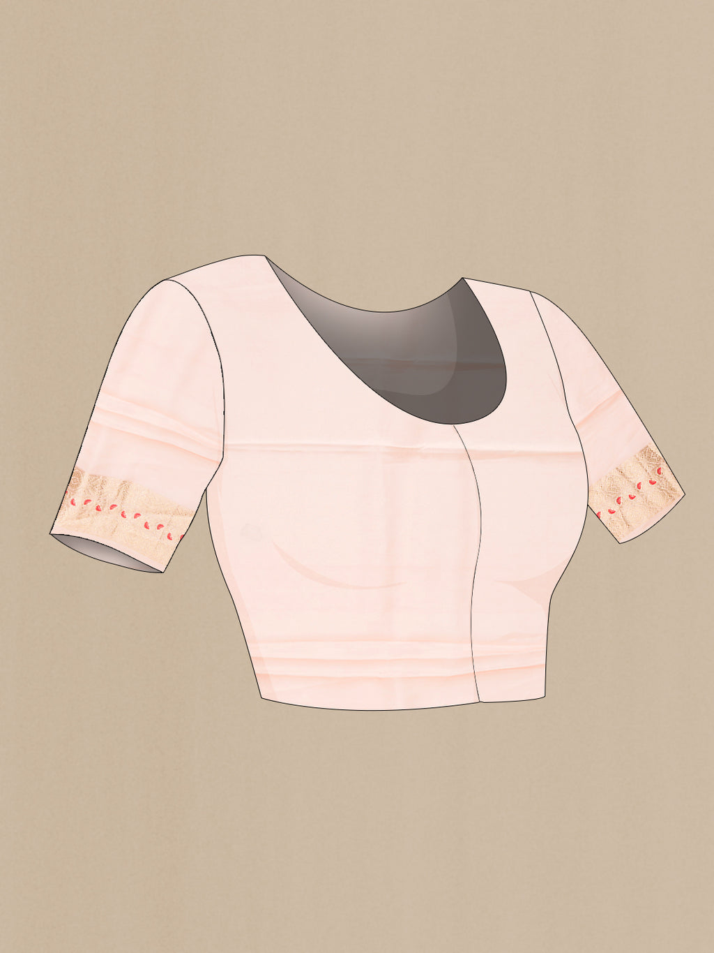 Close up image of the blouse of Pure Silk Peach Dual Tone Banarasi Saree with Zari Butta on the body and Fancy Border. 