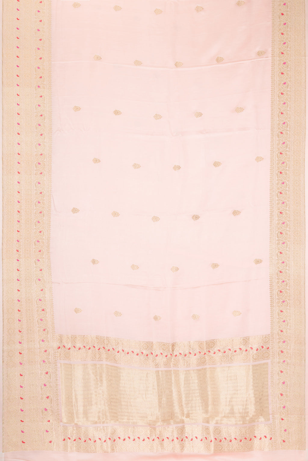 Flat view of Pure Silk Peach Dual Tone Banarasi Saree with Zari Butta on the body and Fancy Border. 