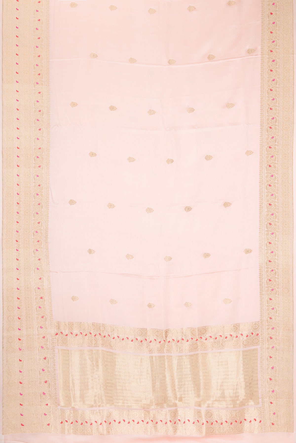 Flat view of Pure Silk Peach Dual Tone Banarasi Saree with Zari Butta on the body and Fancy Border. 