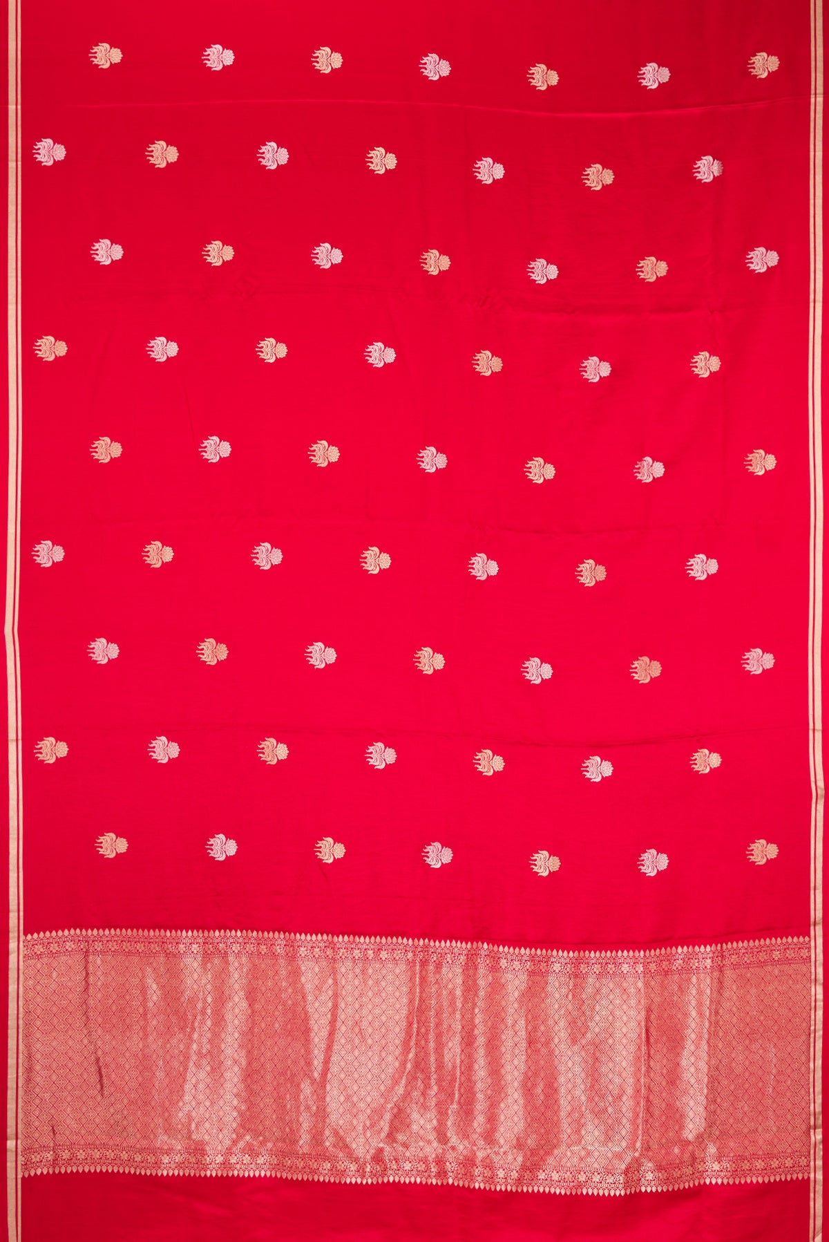 Flat view of Pure Silk Red Banarasi Saree with Zari Butta on the body and Zari Border. 