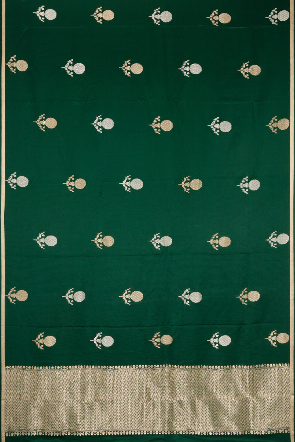 Flat view of Pure Silk Bottle Green Banarasi Saree with Zari Butta on the body and Zari Border. 