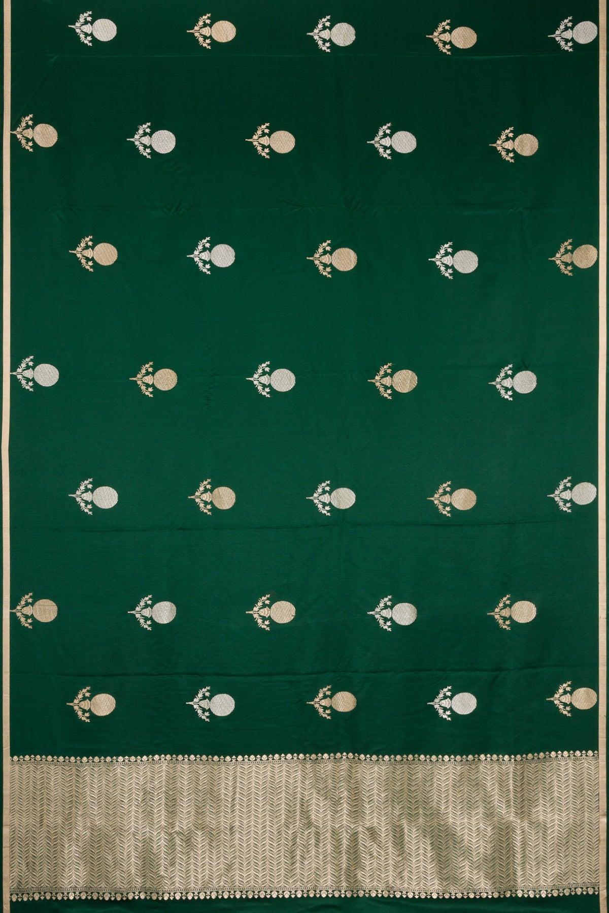 Flat view of Pure Silk Bottle Green Banarasi Saree with Zari Butta on the body and Zari Border. 