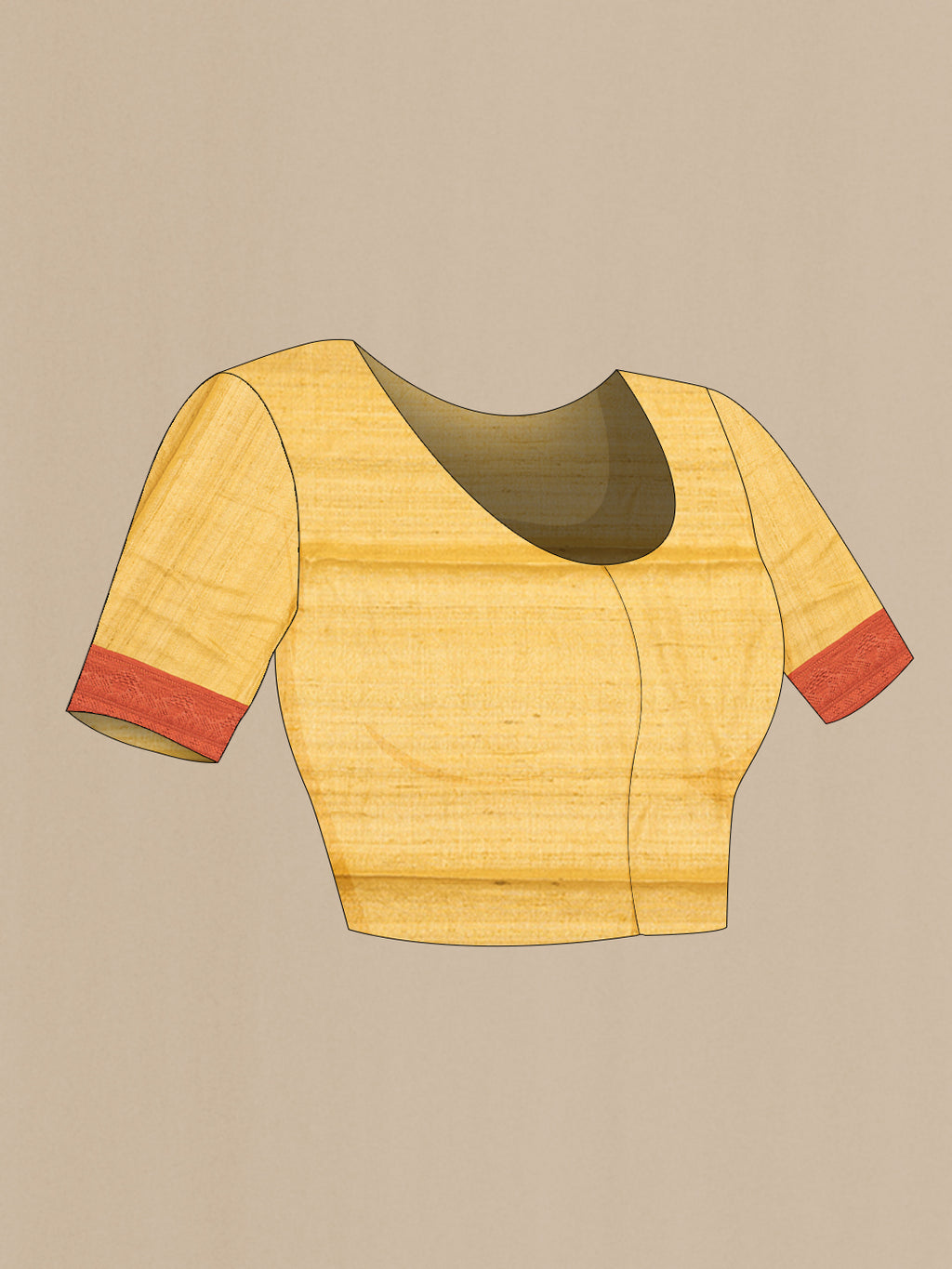 Close up image of the blouse of Mustard Tussar Saree with Embroidery on the body and Embroidery Border. 