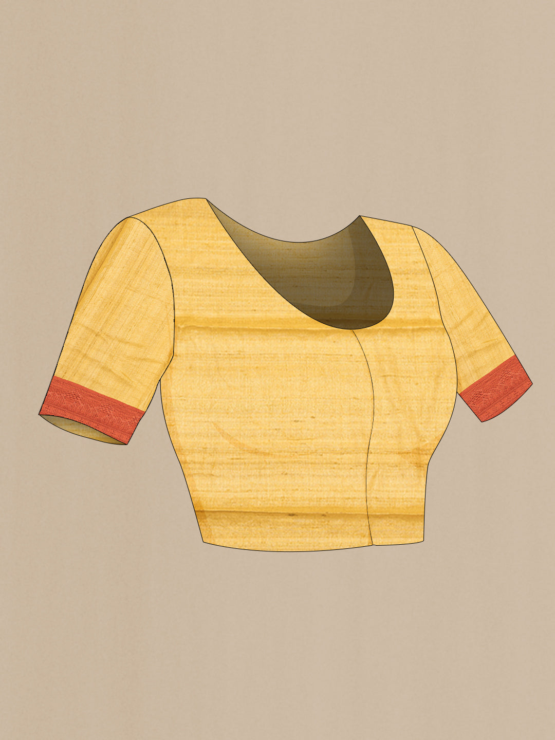 Close up image of the blouse of Mustard Tussar Saree with Embroidery on the body and Embroidery Border. 