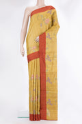 Mustard Tussar Saree with Embroidery on the body and Embroidery Border.  displayed on a mannequin
