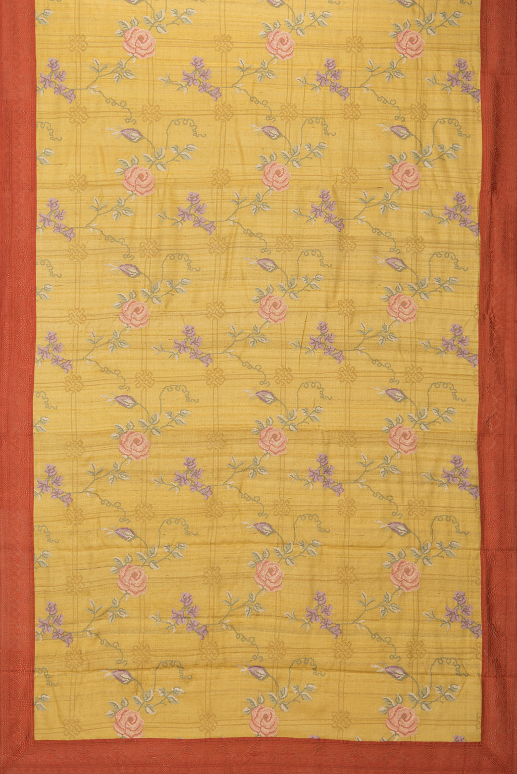 Flat view of Mustard Tussar Saree with Embroidery on the body and Embroidery Border. 