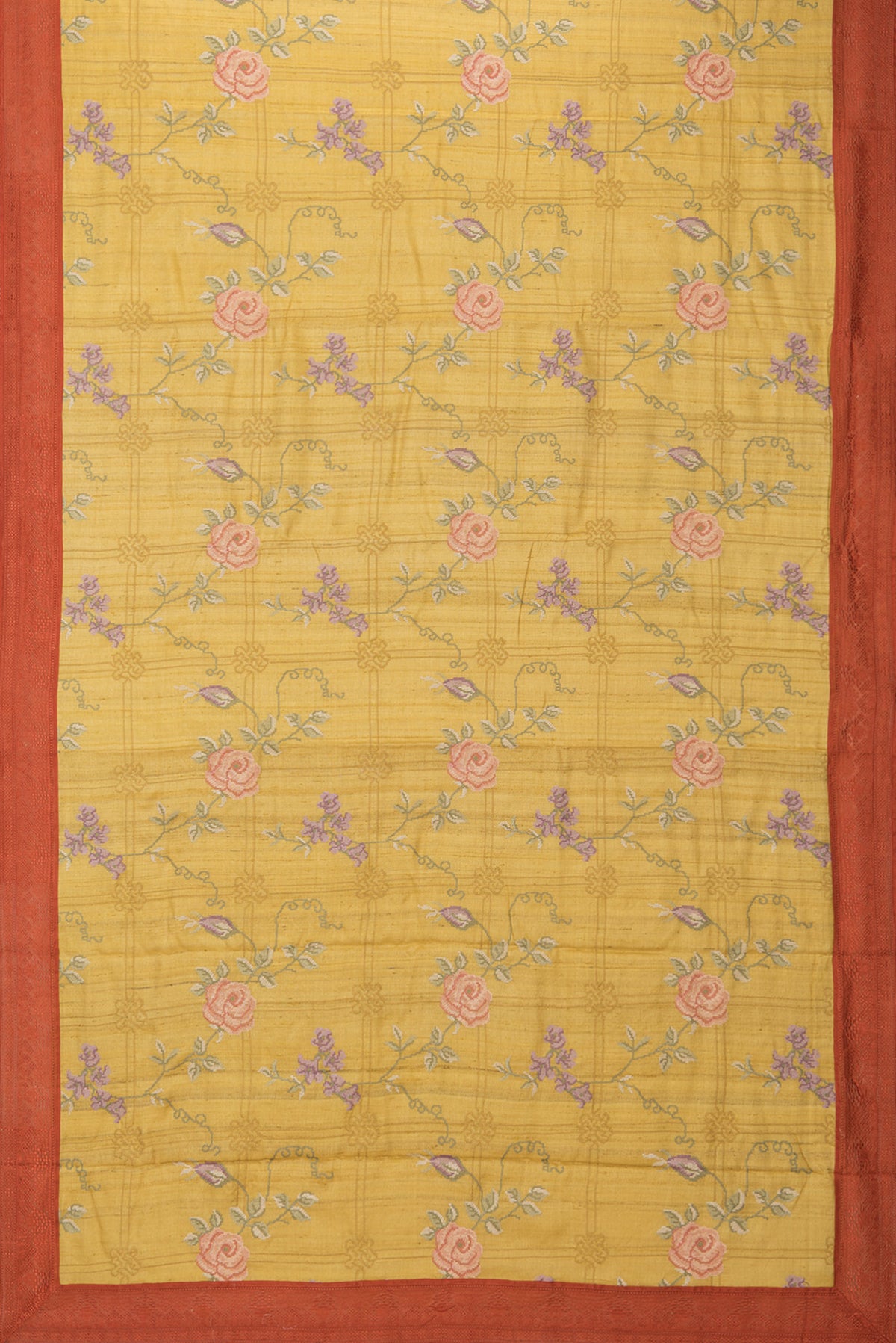 Flat view of Mustard Tussar Saree with Embroidery on the body and Embroidery Border. 
