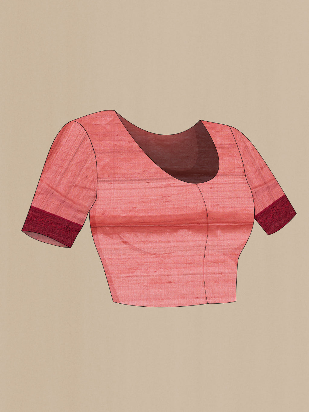 Close up image of the blouse of Coral Tussar Saree with Embroidery on the body and Embroidery Border. 