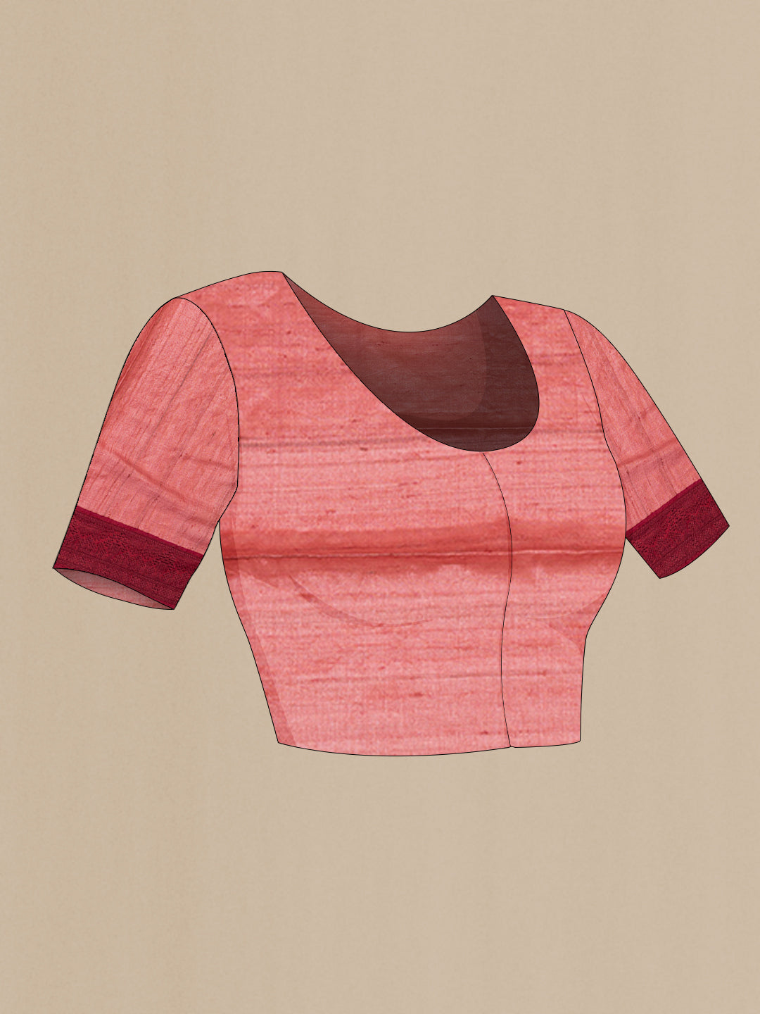 Close up image of the blouse of Coral Tussar Saree with Embroidery on the body and Embroidery Border. 