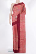 Coral Tussar Saree with Embroidery on the body and Embroidery Border.  displayed on a mannequin