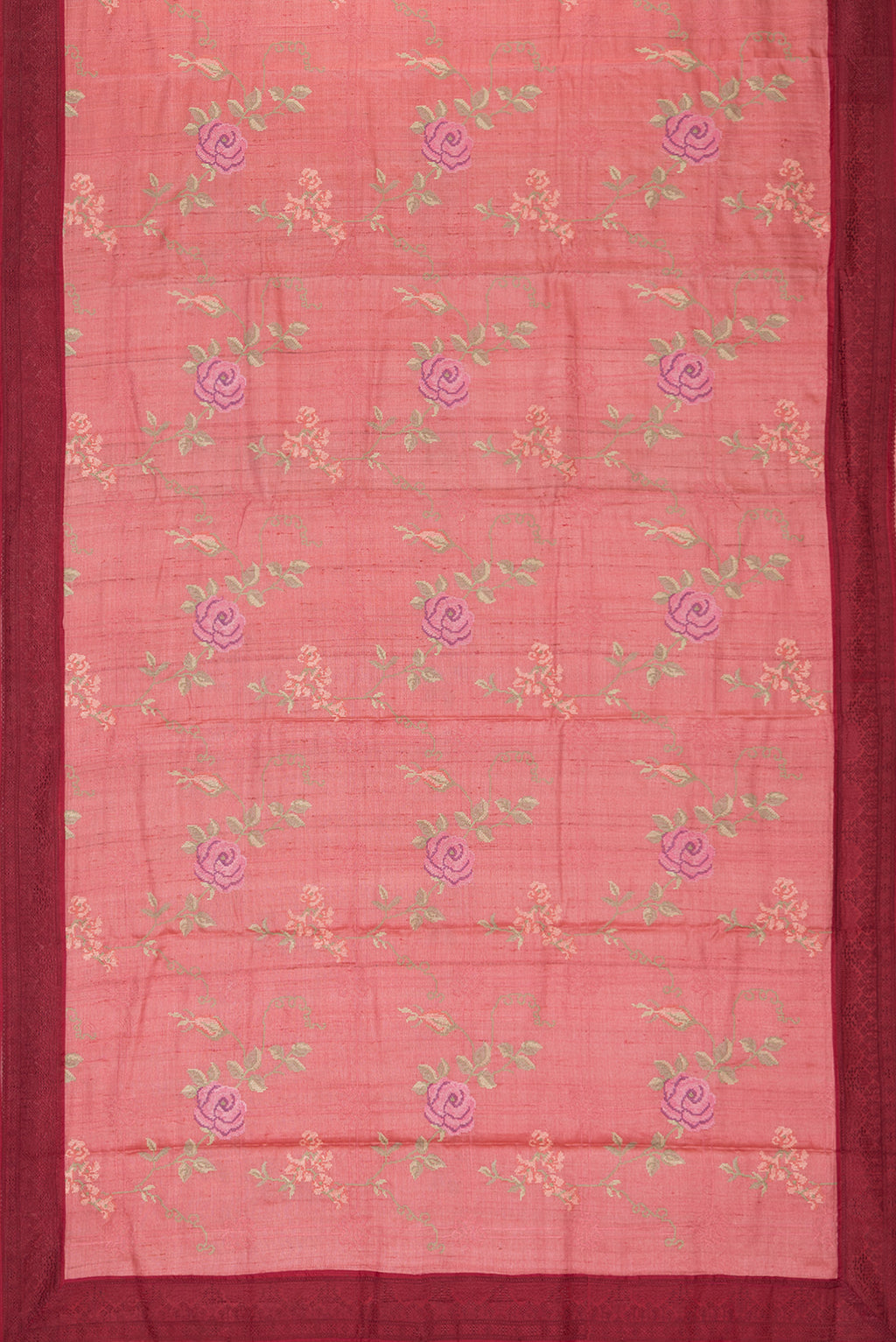 Flat view of Coral Tussar Saree with Embroidery on the body and Embroidery Border. 