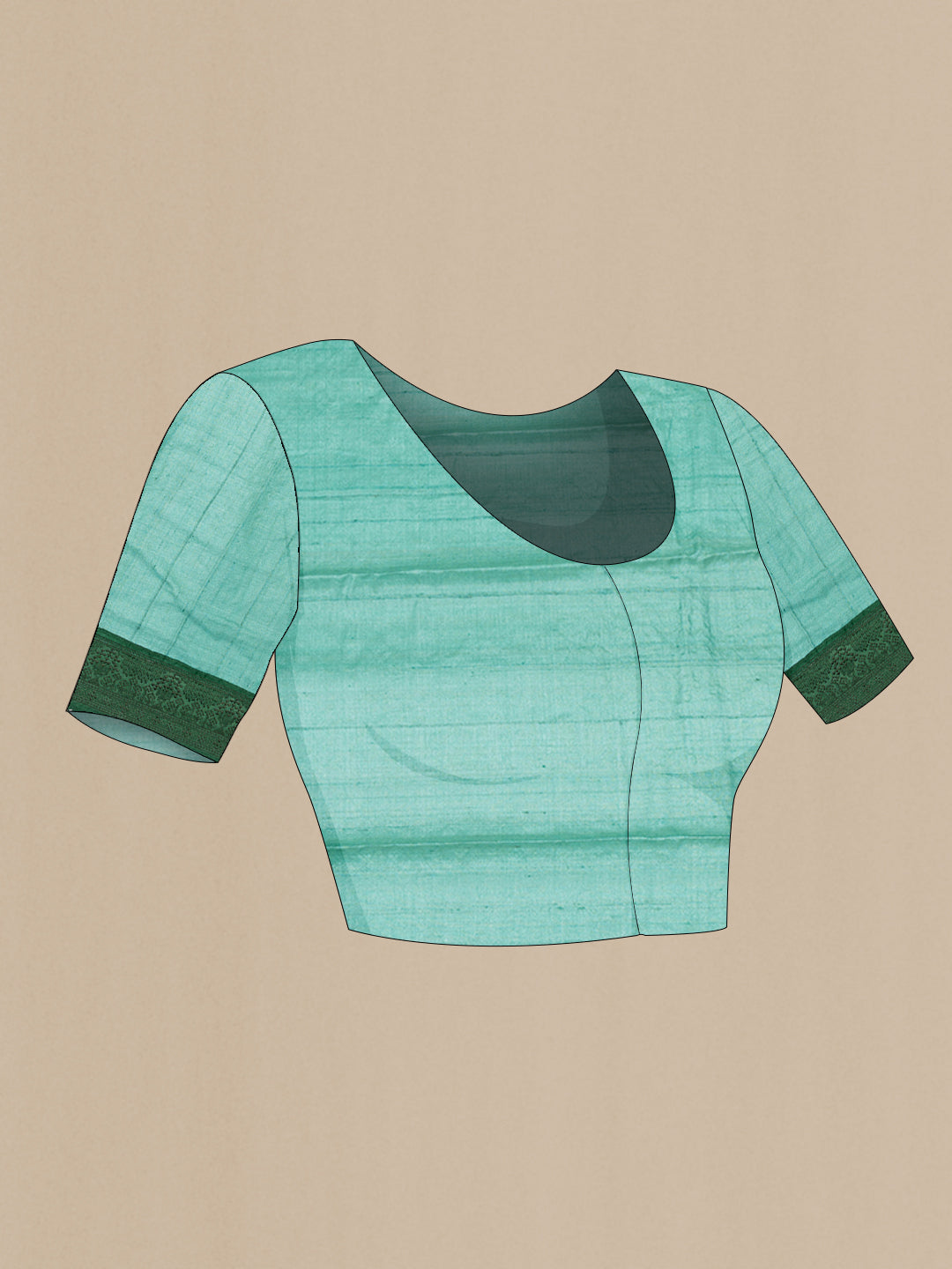 Close up image of the blouse of Sea Green Tussar Saree with Embroidery on the body and Embroidery Border. 