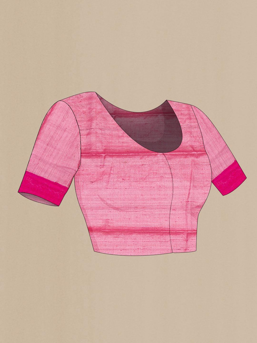 Close up image of the blouse of Pink Tussar Saree with Embroidery on the body and Embroidery Border. 