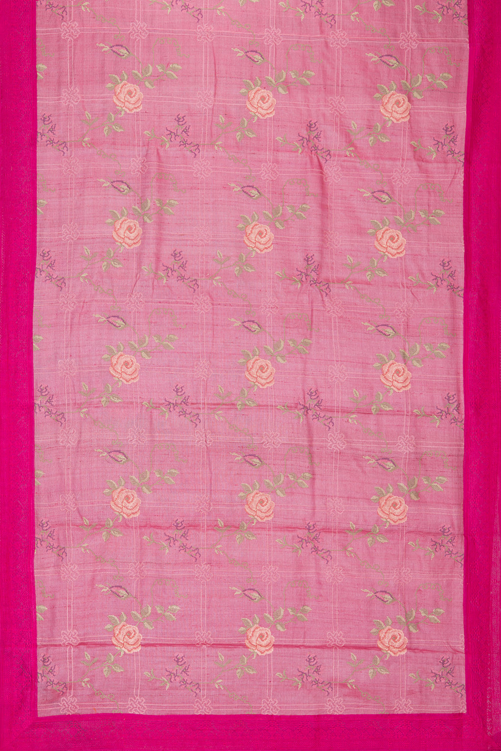 Flat view of Pink Tussar Saree with Embroidery on the body and Embroidery Border. 