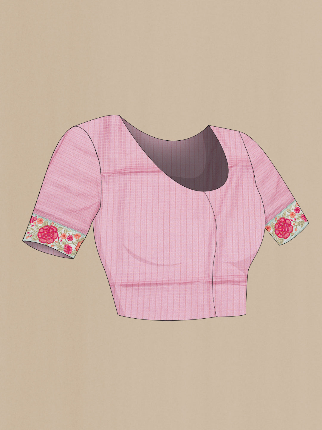Close up image of the blouse of Pink Dual Tone Tussar Saree with Checked design on the body and Embroidery Border. 