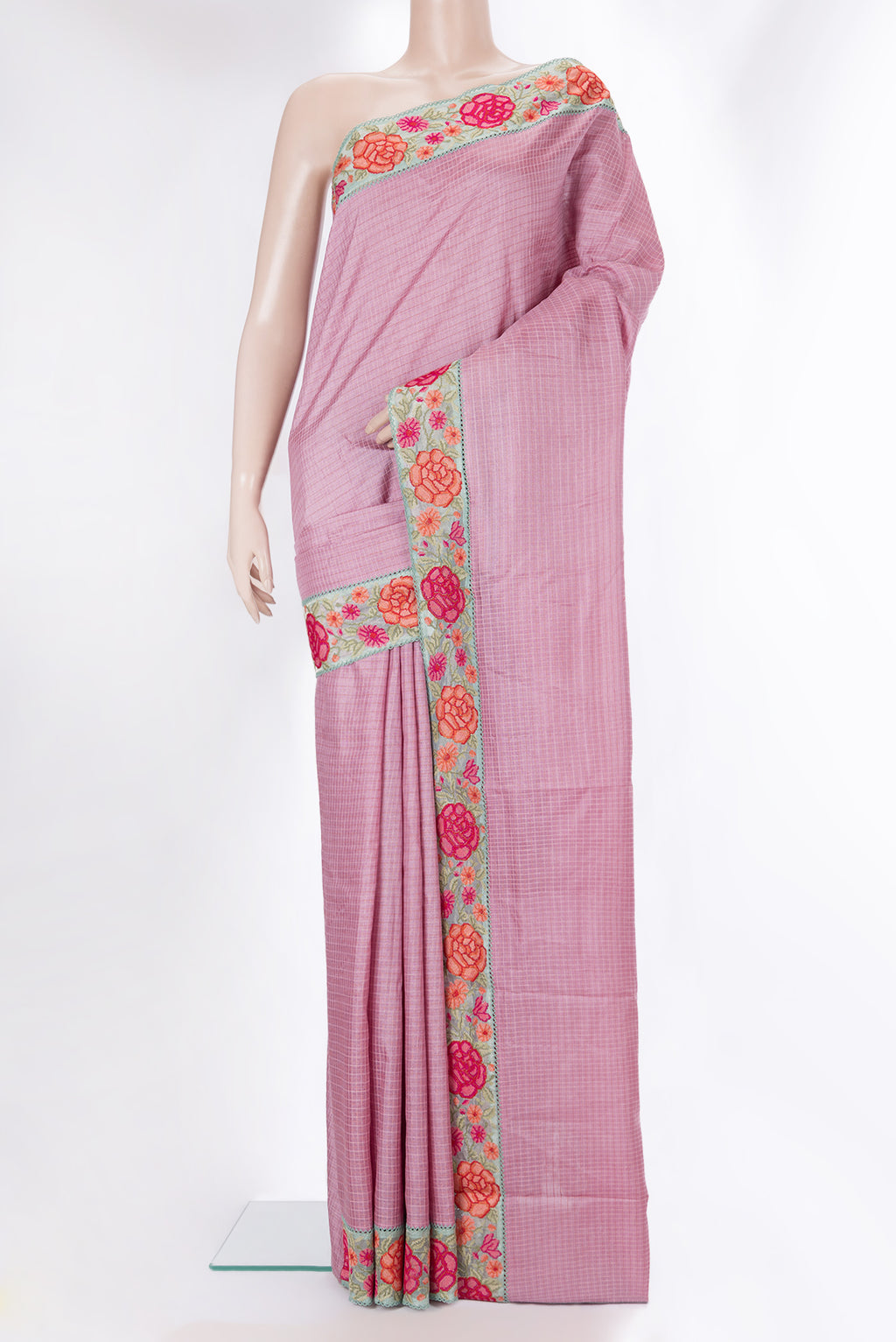 Pink Dual Tone Tussar Saree with Checked design on the body and Embroidery Border.  displayed on a mannequin