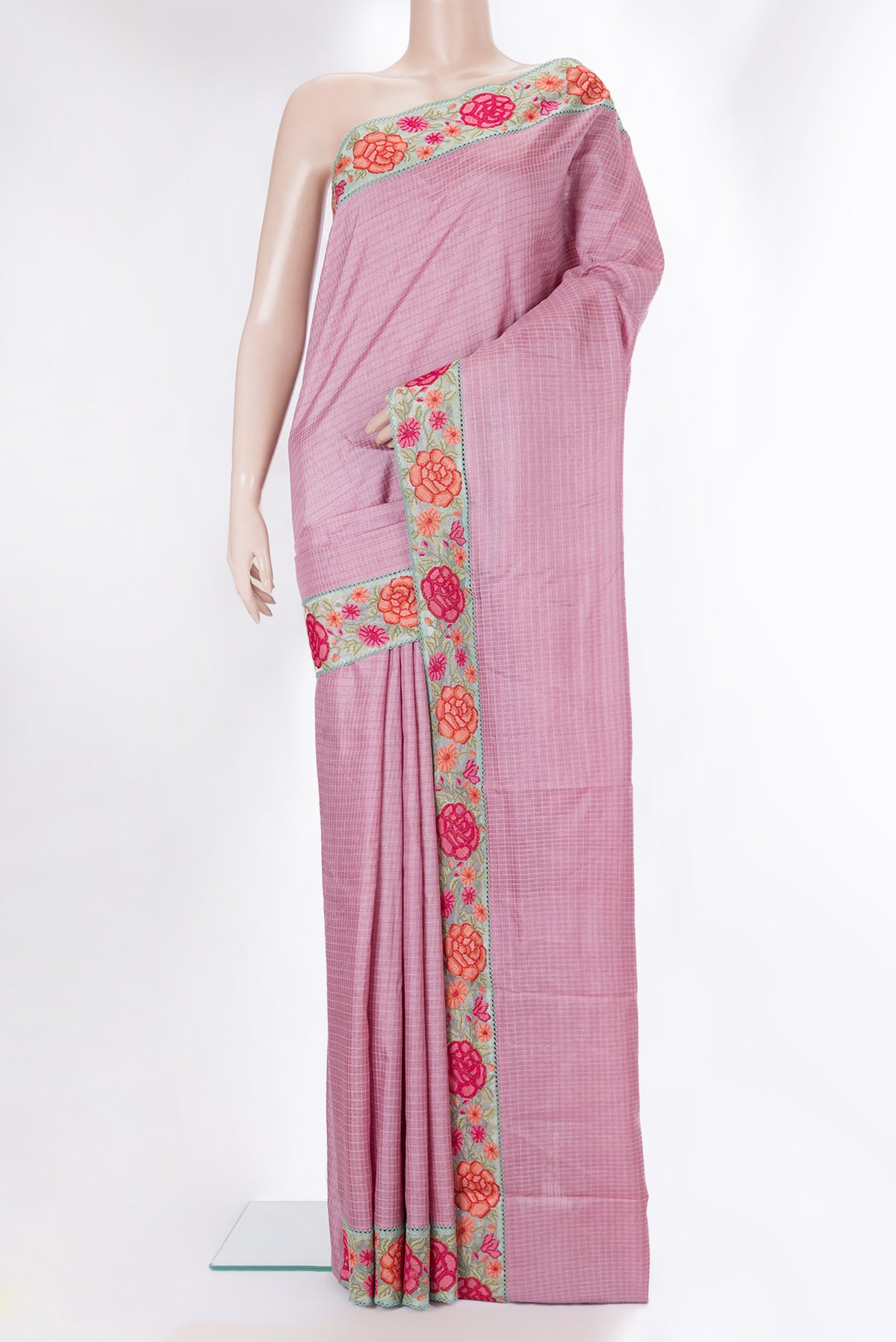 Pink Dual Tone Tussar Saree with Checked design on the body and Embroidery Border.  displayed on a mannequin