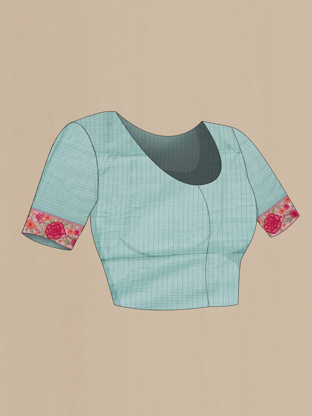 Close up image of the blouse of Sky Blue Tussar Saree with Checked design on the body and Embroidery Border. 