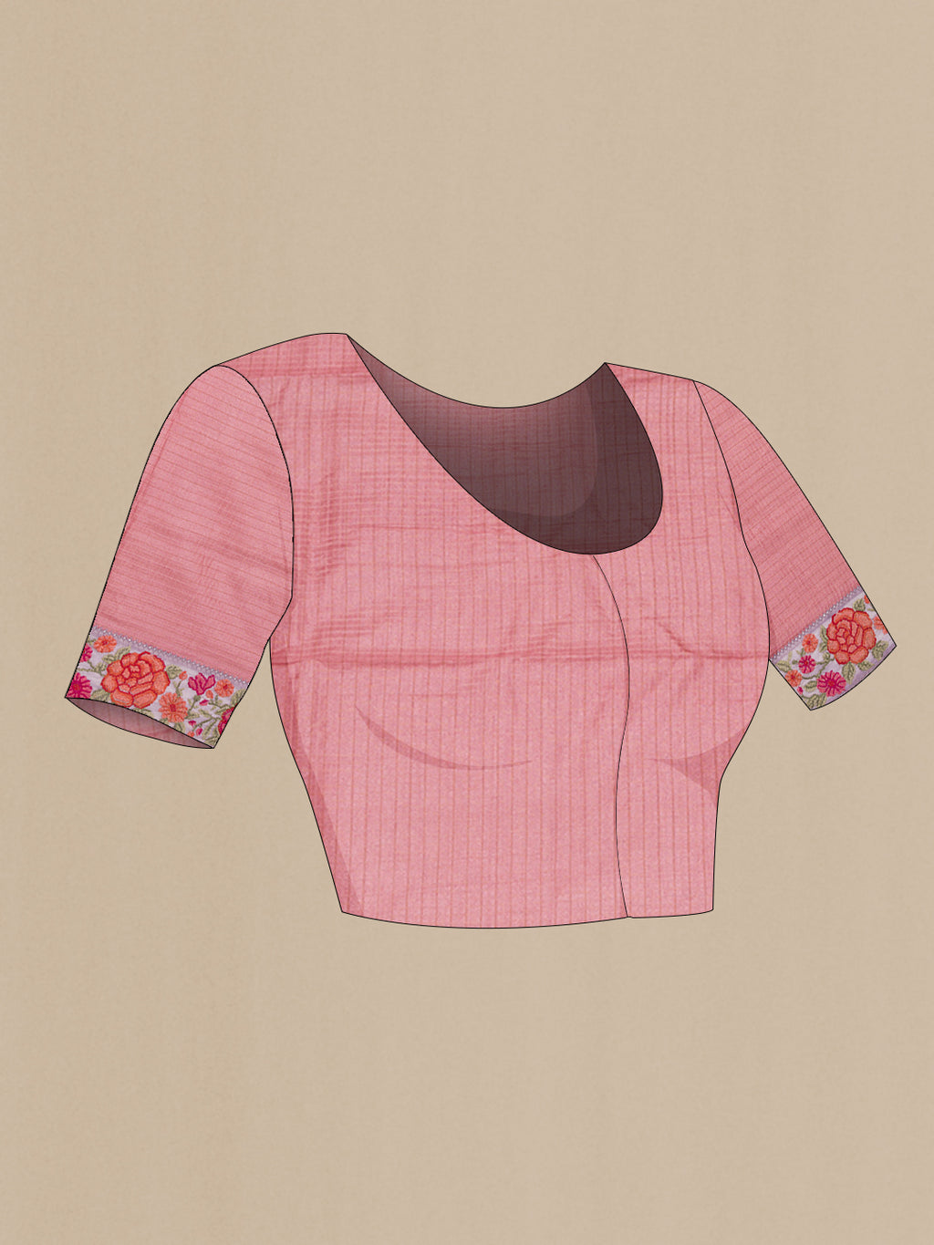 Close up image of the blouse of Peach Tussar Saree with Checked design on the body and Embroidery Border. 