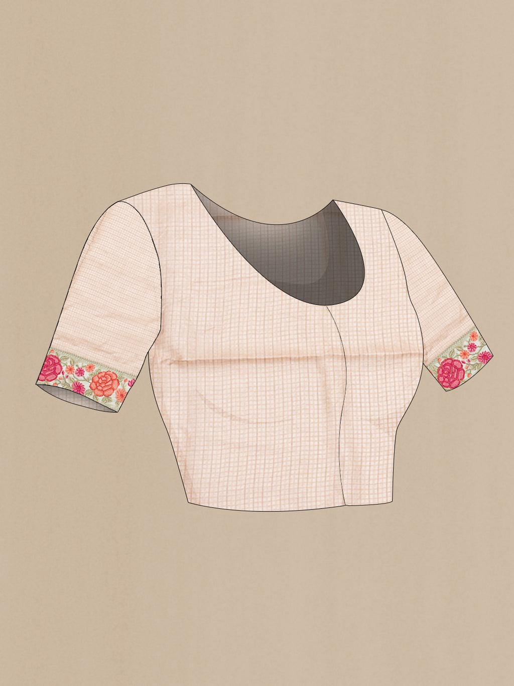 Close up image of the blouse of Beige Tussar Saree with Checked design on the body and Embroidery Border. 