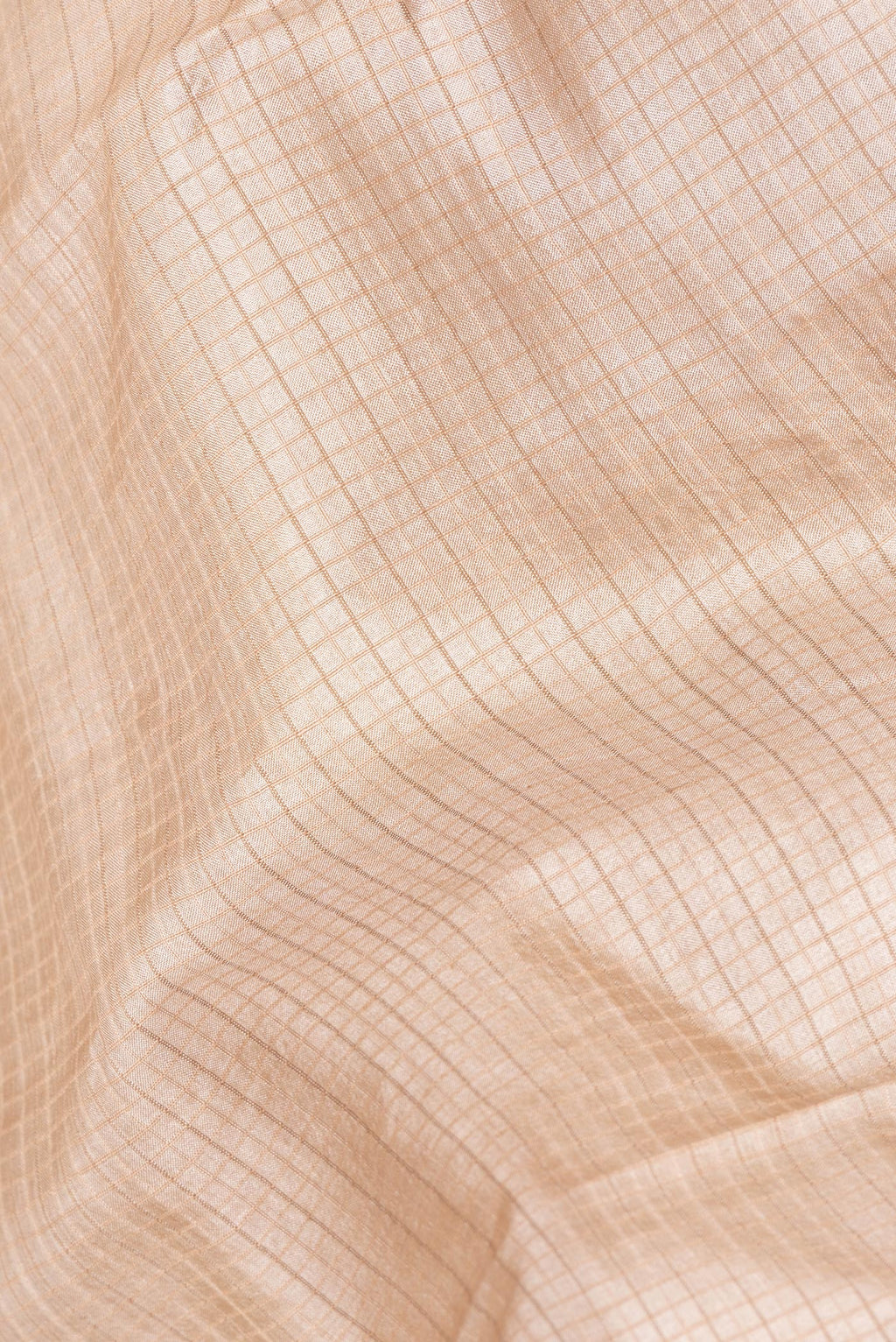 Close up of Beige Tussar Saree with Checked design on the body and Embroidery Border.  displaying folds