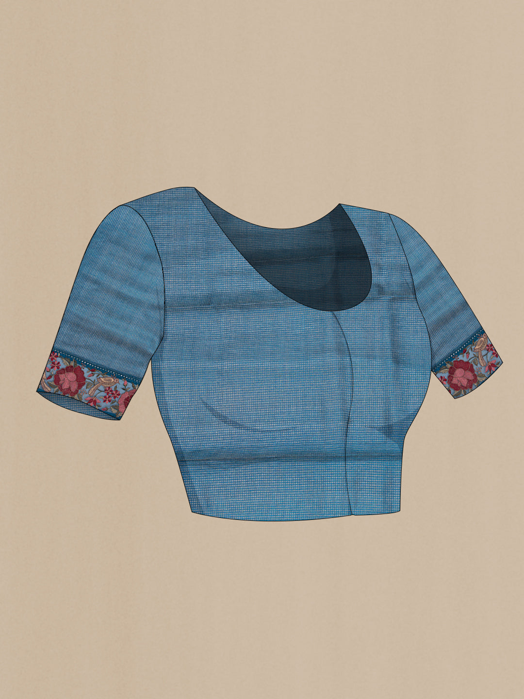 Close up image of the blouse of Peacock Blue Tussar Saree with Checked design on the body and Embroidery Border. 