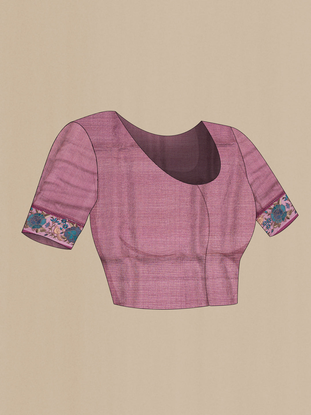 Close up image of the blouse of Pure Silk Burgundy Dual Tone Tussar Saree with Checked design on the body and Embroidery Border. 