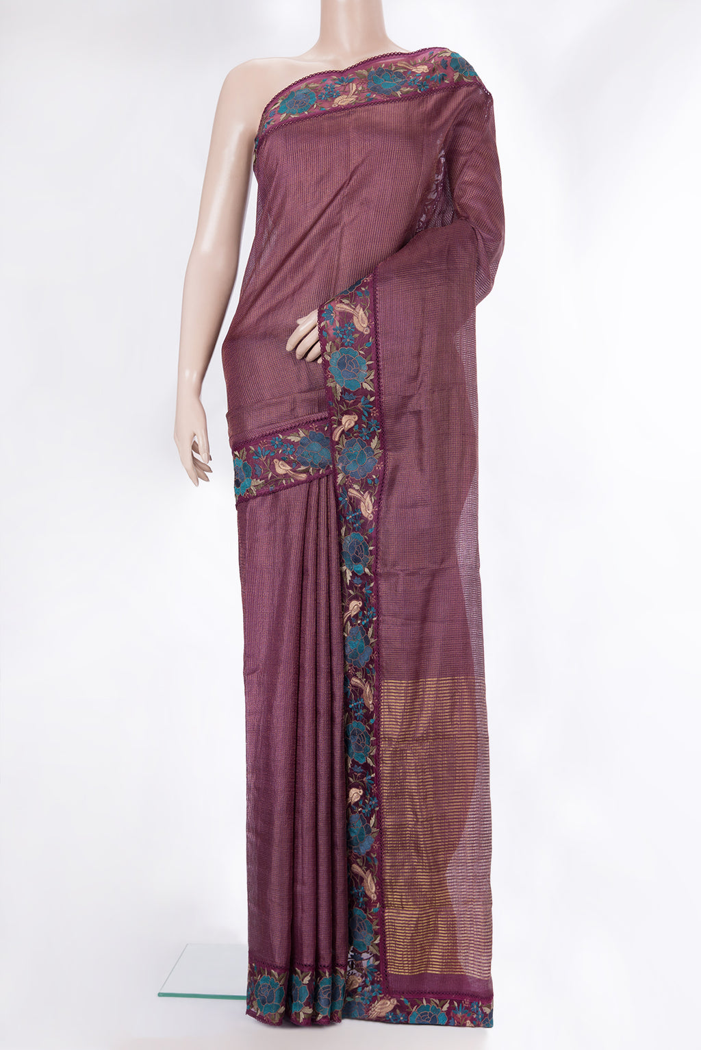 Pure Silk Burgundy Dual Tone Tussar Saree with Checked design on the body and Embroidery Border.  displayed on a mannequin