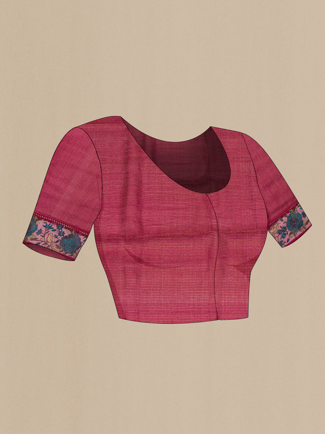 Close up image of the blouse of Maroon Dual Tone Tussar Saree with Checked design on the body and Embroidery Border. 