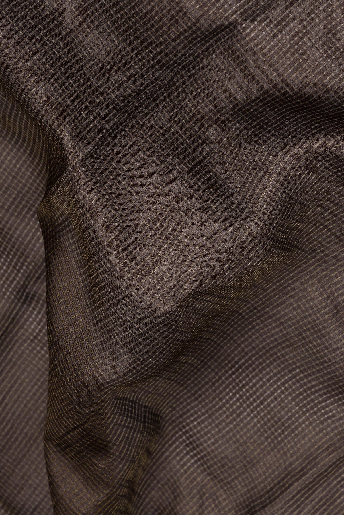 Close up of Brown Dual Tone Tussar Saree with Checked design on the body and Embroidery Border.  displaying folds
