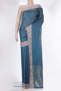 Pure Silk Peacock Blue Dual Tone Tussar Saree with Checked design on the body and Embroidery Border.  displayed on a mannequin