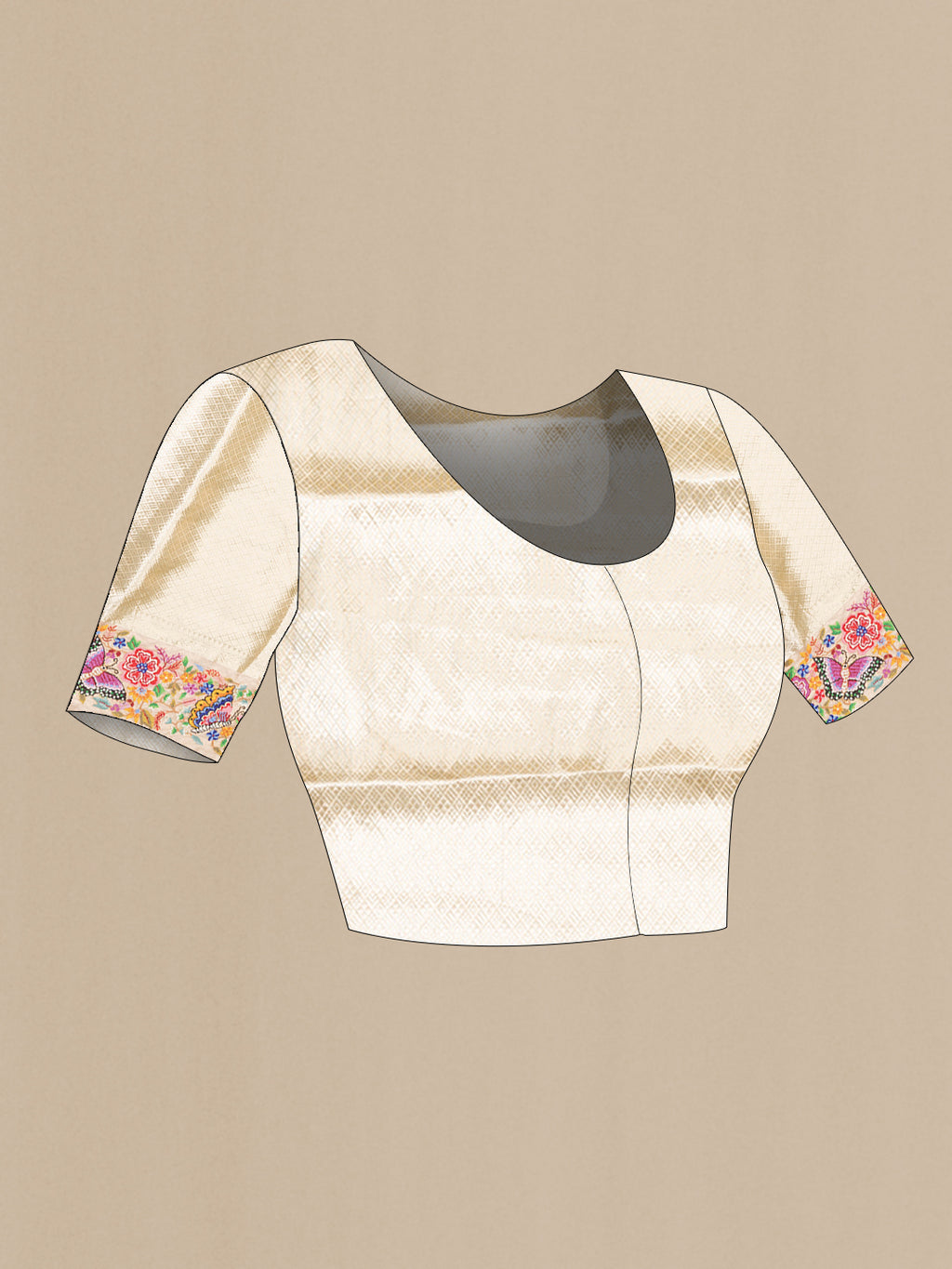 Close up image of the blouse of Gold Dual Tone Banarasi Tissue Saree with Zari Brocade on the body and Embroidery Border. 