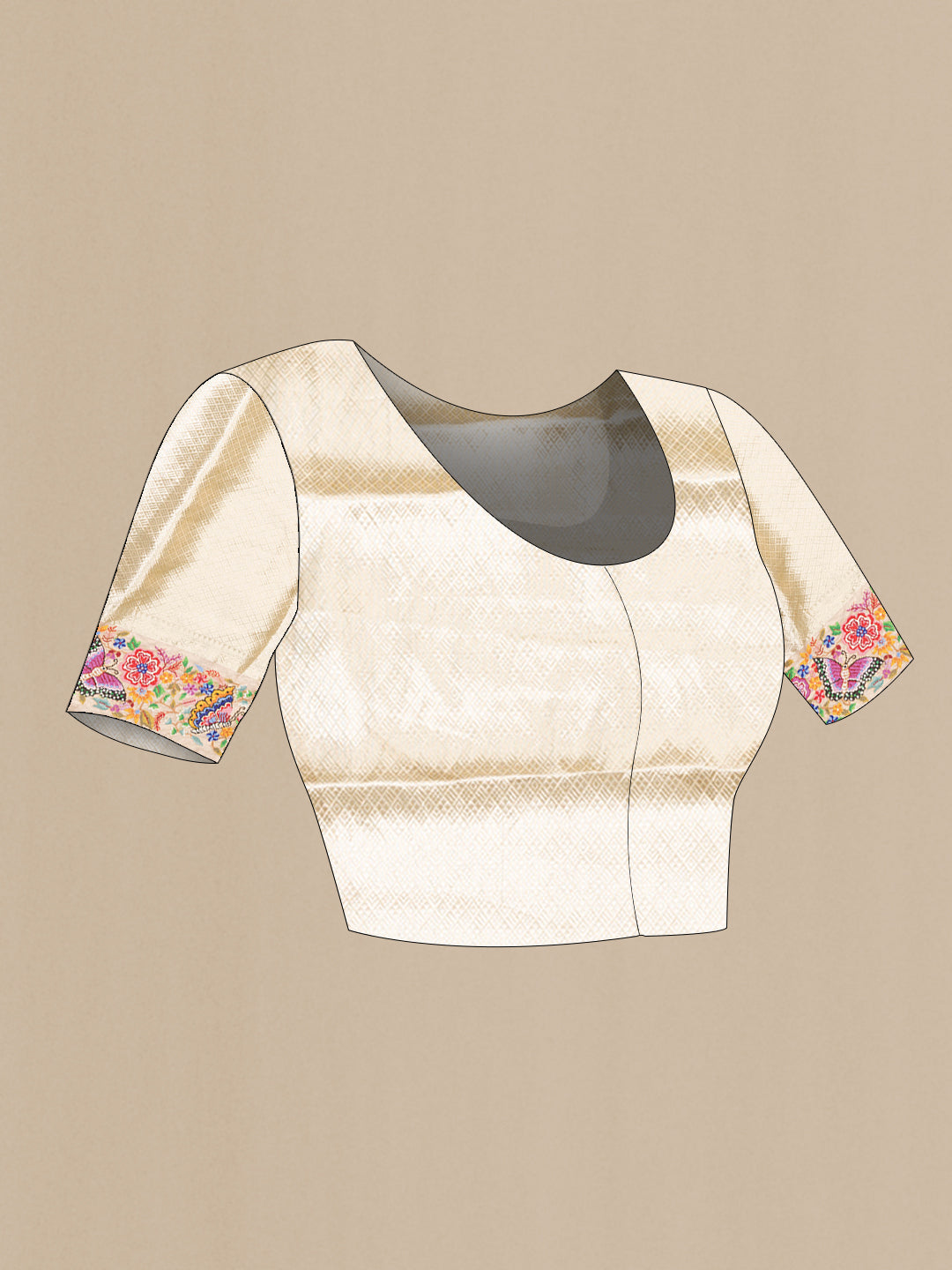 Close up image of the blouse of Gold Dual Tone Banarasi Tissue Saree with Zari Brocade on the body and Embroidery Border. 