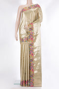 Gold Dual Tone Banarasi Tissue Saree with Zari Brocade on the body and Embroidery Border.  displayed on a mannequin