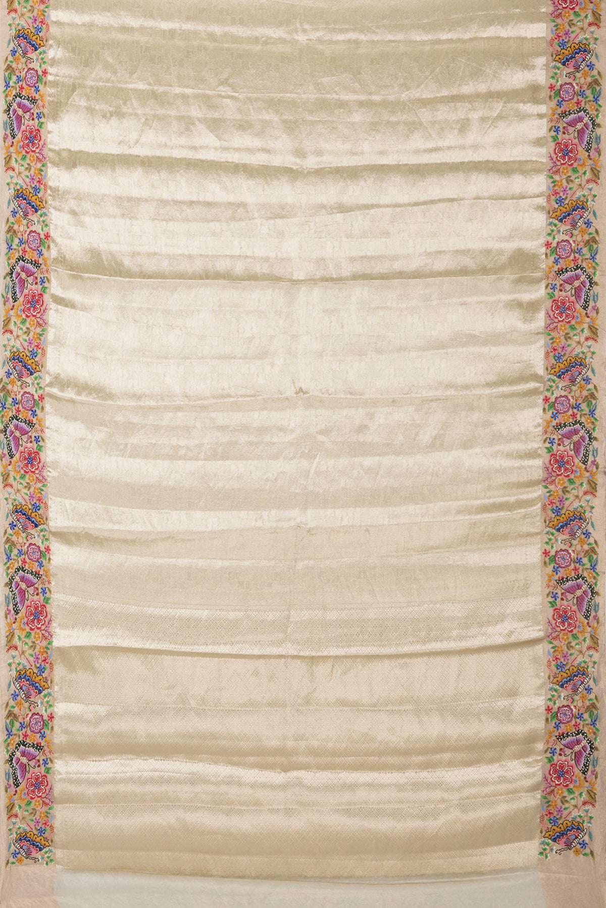 Flat view of Gold Dual Tone Banarasi Tissue Saree with Zari Brocade on the body and Embroidery Border. 
