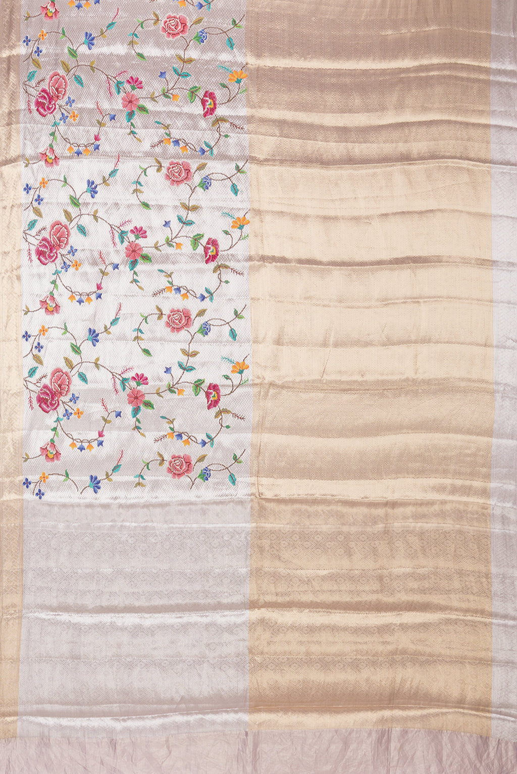 Flat view of Gold and Lavender Color Banarasi Tissue Saree with Zari Brocade on the body and Embroidery Border. 