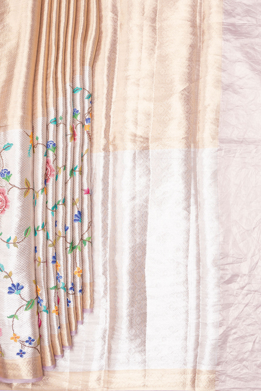 Pleats and pallu of Gold and Lavender Color Banarasi Tissue Saree with Zari Brocade on the body and Embroidery Border. 