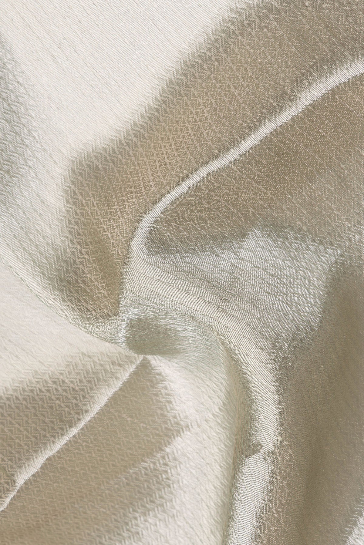 Close up of Pure Silk Silver Dual Tone Banarasi Saree with Zari Brocade on the body and Embroidery Border.  displaying folds