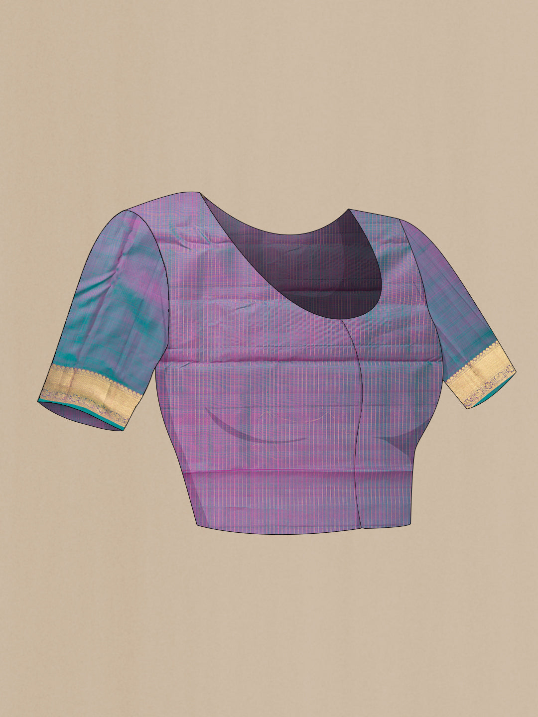 Close up image of the blouse of Pure Silk Pink Dual Tone Kanchipuram Saree with Checked design on the body and Zari Border. 