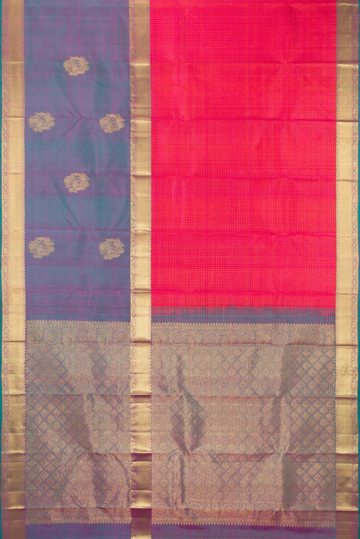 Flat view of Pure Silk Pink Dual Tone Kanchipuram Saree with Checked design on the body and Zari Border. 