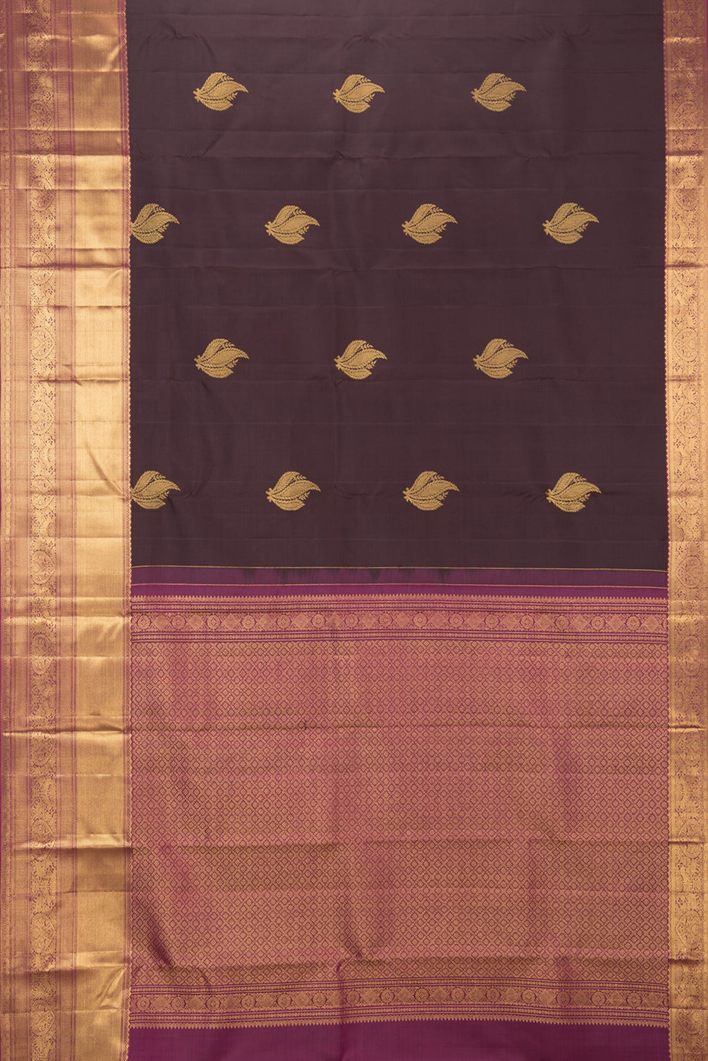 Flat view of Pure Silk Coffee Brown Kanchipuram Saree with Zari Butta on the body and Fancy Border. 