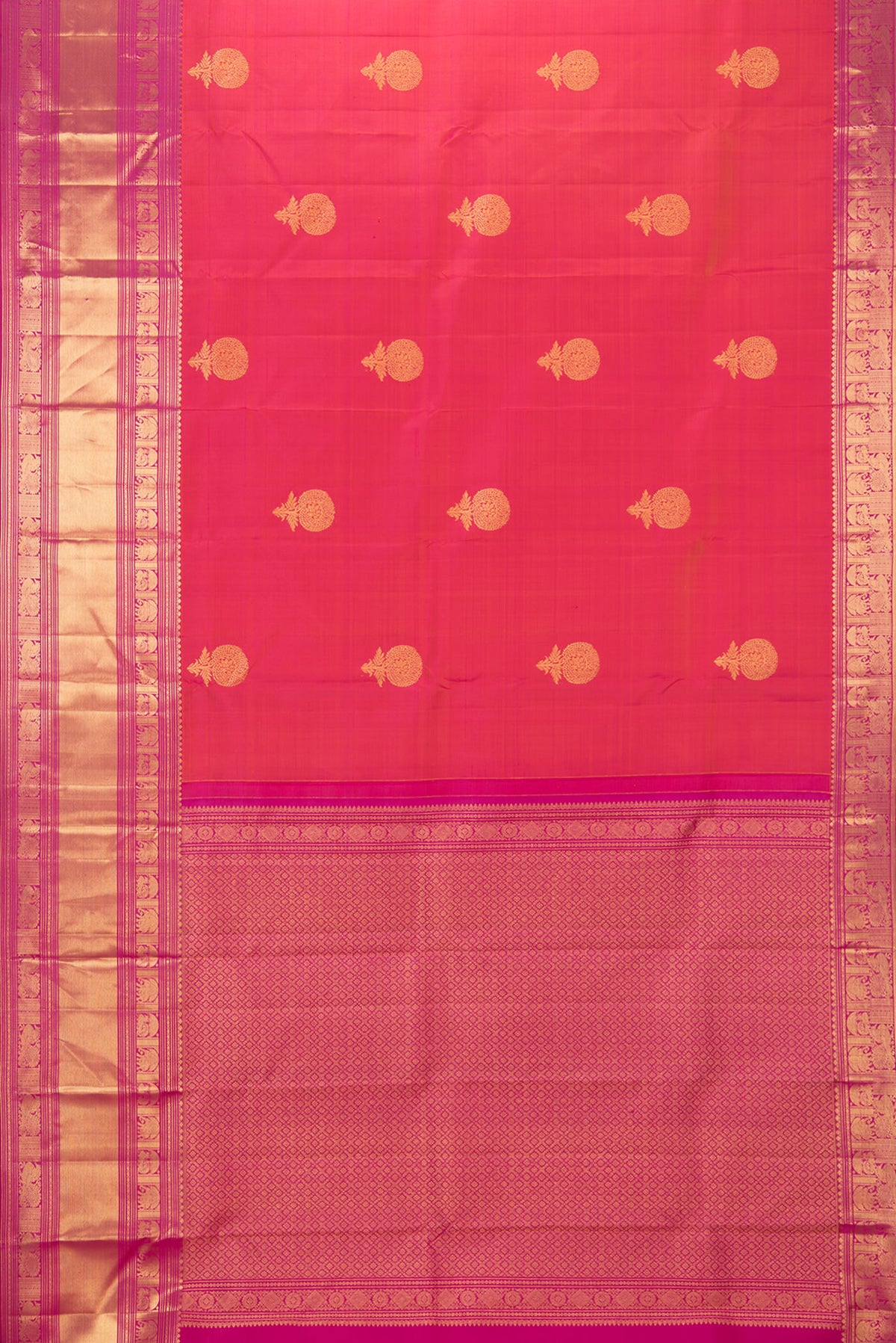 Flat view of Pure Silk Coral Dual Tone Kanchipuram Saree with Zari Butta on the body and Fancy Border. 