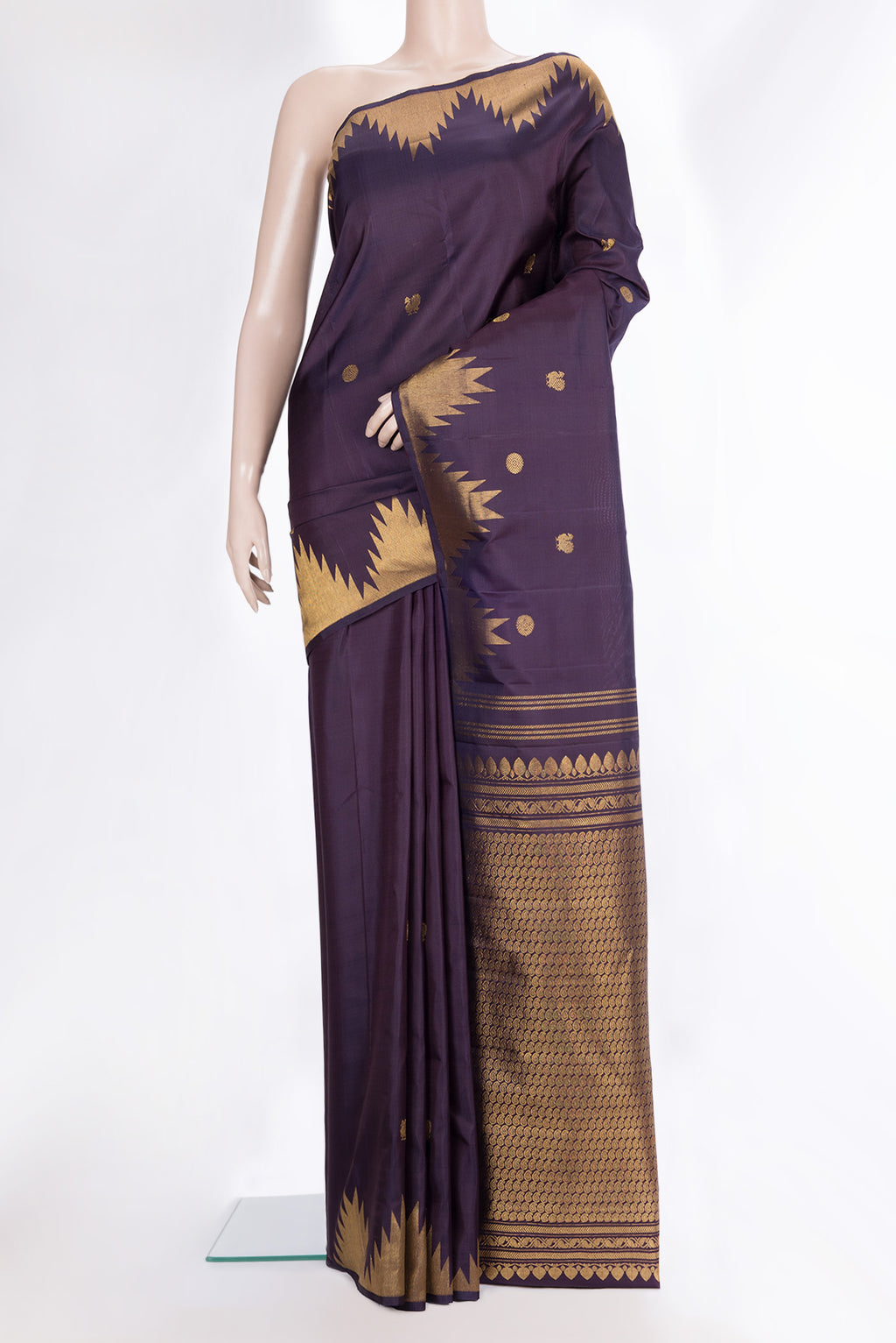 Pure Silk Navy Blue Dual Tone Kanjivaram Saree with Zari Butta on the body and Temple Border.  displayed on a mannequin