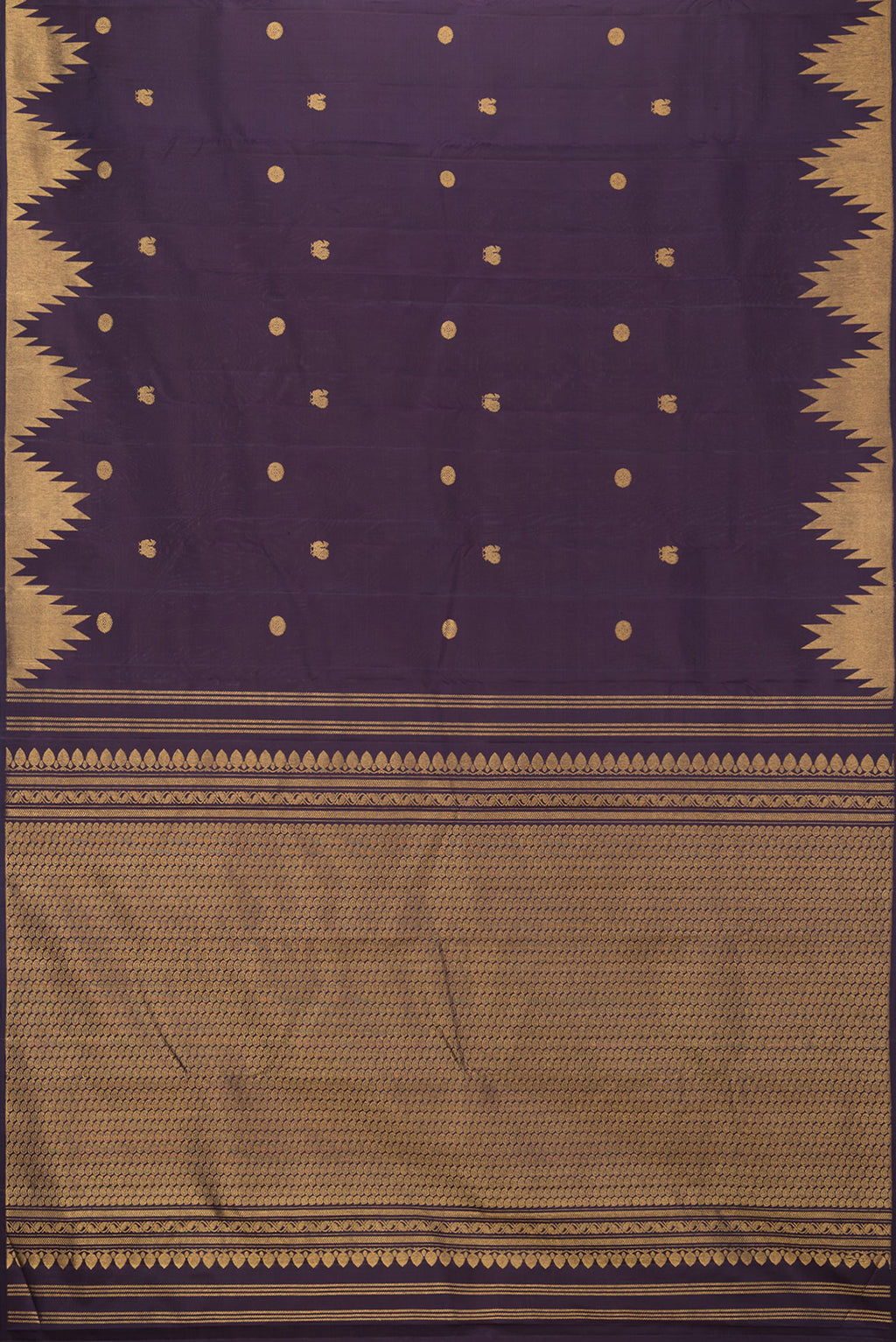 Flat view of Pure Silk Navy Blue Dual Tone Kanjivaram Saree with Zari Butta on the body and Temple Border. 