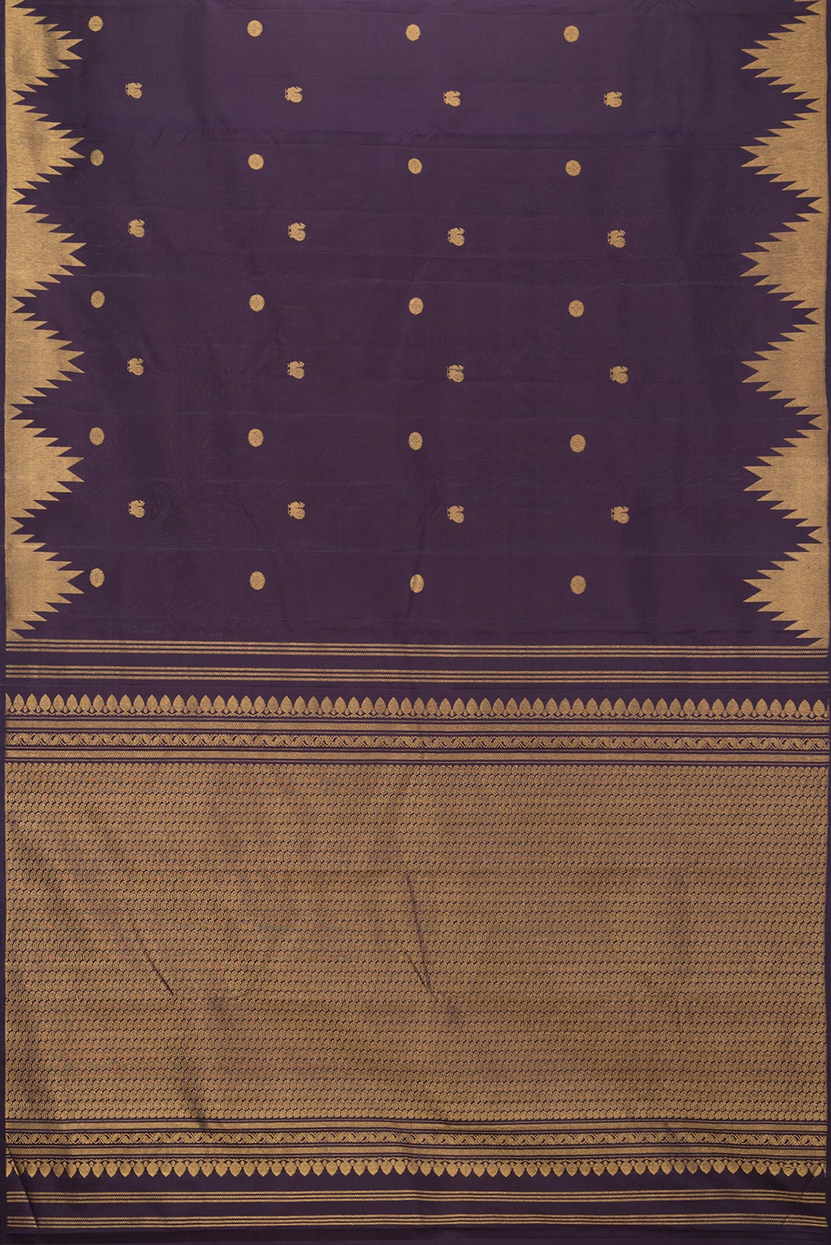 Flat view of Pure Silk Navy Blue Dual Tone Kanjivaram Saree with Zari Butta on the body and Temple Border. 