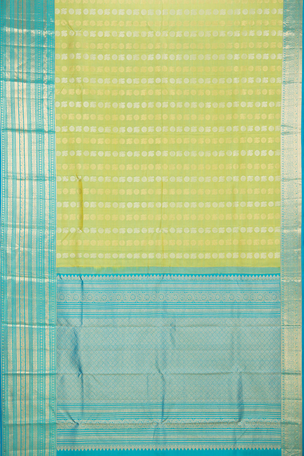 Flat view of Pure Silk Green Dual Tone Kanjivaram Saree with Zari Butta on the body and Zari Border. 