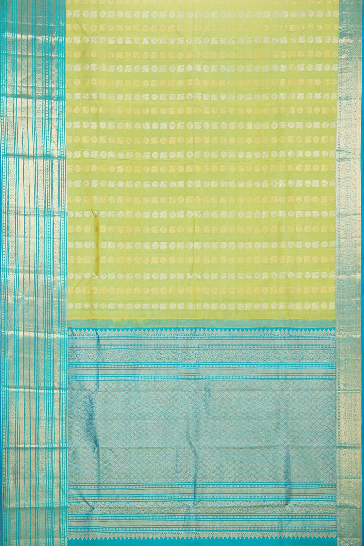 Flat view of Pure Silk Green Dual Tone Kanjivaram Saree with Zari Butta on the body and Zari Border. 